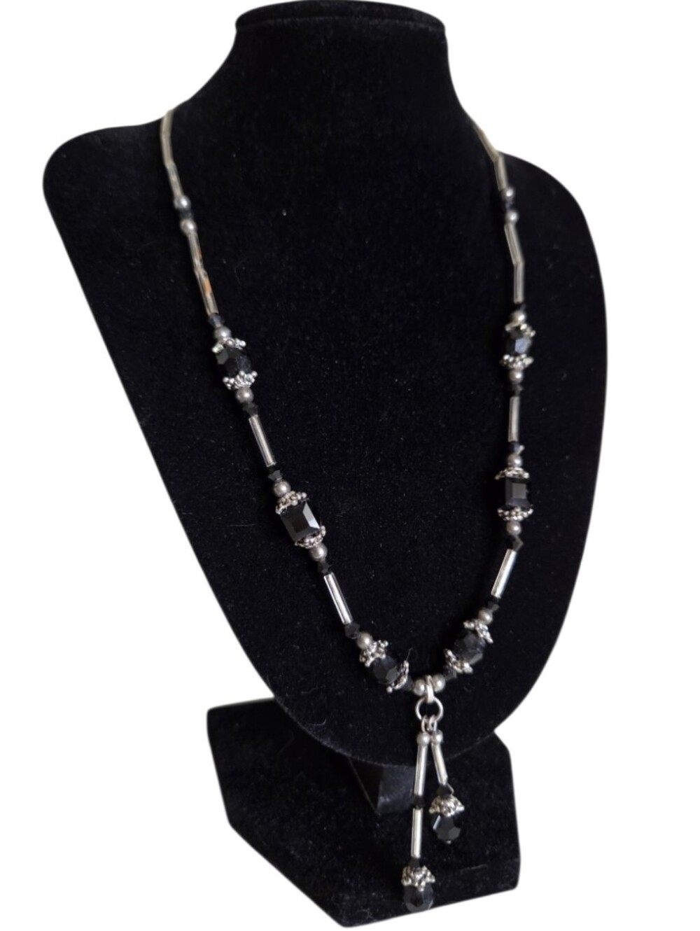 vintage black crystal y lariat necklace faceted glass liquid silver bead tassel